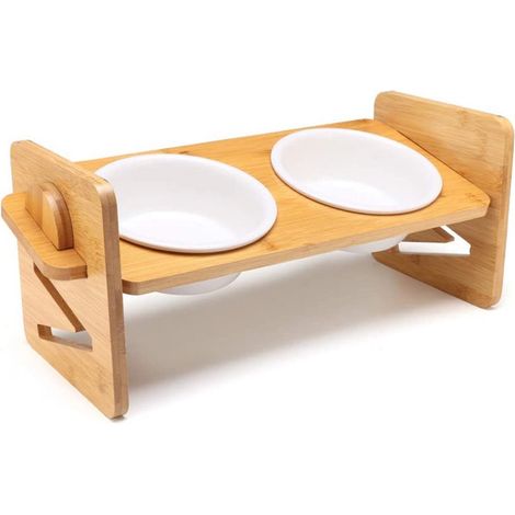 Gamelle Surélevée - Bol Céramique Alimentaire Double - Support Bambou Incliné 15° - Pour Chat et Petit Chien - 2 Pièces (1/5)