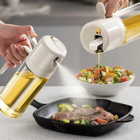 Vaporisateur d'huile 2 en 1, flacon pulvérisateur en verre de 550 ml, idéal pour friteuse à air chaud, distributeur d'huile de cuisine pour la cuisson et les grillades - Blanc (1/5)