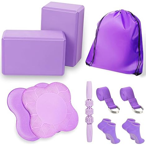 Bloc De Yoga - 2 Pièces - En Mousse Haute Densité - Pour Soutien Postural Et Alignement En Yoga - Avec 2 Genouillères 2 Sangles 1 Rouleau De Massage 2 Paires De Chaussettes Antidérapantes 1 Sac De Spo (1/3)