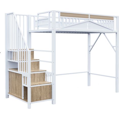 Cama alta de metal 90 x 200 cm con escalera de almacenaje, blanco (1/5)