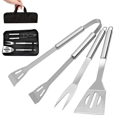 3 Piece Stainless Steel BBQ Tool Set with Spatula, Tongs, Forks and Carry Bag (1/5)