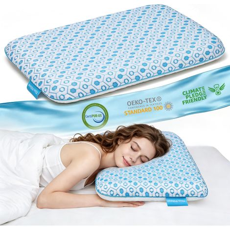 Oreiller en mousse à mémoire de forme ultra fin de 5,7 cm avec gel rafraîchissant, coussin plat respirant pour dormir sur le ventre et le dos, housse lavable (1/5)