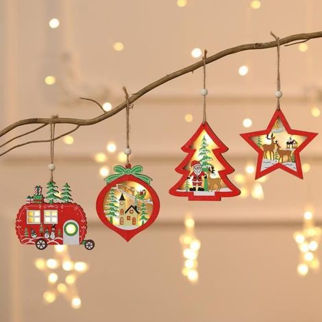 Weihnachtsbaumanhänger – Leuchtender fünfzackiger Holzstern – Gemischte Weihnachtsdekoration