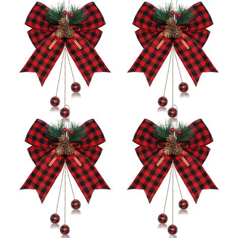 Lot de 4 Nœuds de Noël Grands, Nœud en Tartan à Pommes de Pin, Décor Sapin et Couronne, Ruban à Carreaux Rouge et Noir, Fête Maison Bricolage, 25x30 cm (1/5)