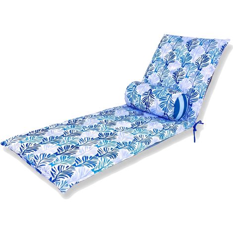 Matelas Transat 195x60 Motif Feuillage Bleu + Traversin - Anti-UV & Déperlant