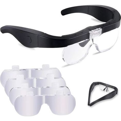 Lunette Loupe avec 2 LED, Frontale Grossissantes Casque Loupe Mains Libres avec 4 Lentilles Amovibles pour Lecture, Bijoutier, Couture, et Bricolage (1.5X-5X) (1/5)