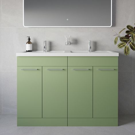 Napoli 390 Olive Green 1200mm 4 Door Vanity Unit with Double Lucia Basins - 1200mm - Chrome 160mm Handle