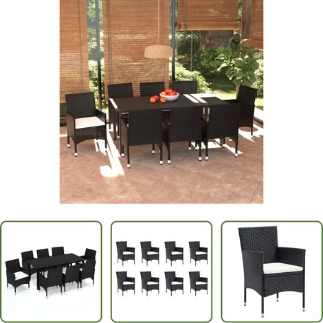 Terrassenstuhl - 9-tlg. Garten-Essgruppe mit Kissen Poly Rattan Schwarz (1/5)