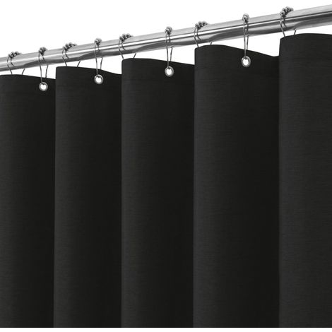 Rideau de Douche Lin avec Anneaux en Métal Imperméable Anti-Moisissures Polyester Tissu Rideau Salle de Bain Lourd pour Baignoire Cabine de Douche - 152x214CM (Noir) (1/5)