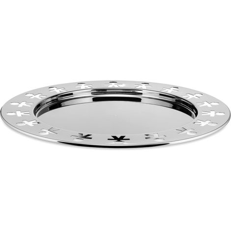 Rundes Tablett Alessi Girotondo aus Edelstahl mit Little Men-Motiv, Ø 40 cm