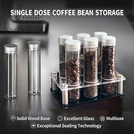 Petit format (comprend 1 entonnoir en silicone)Support de rangement pour tubes à café en grains avec base en acrylique, distributeur de grains de café, présentoir pour tubes à essai en verre scellés (1/5)