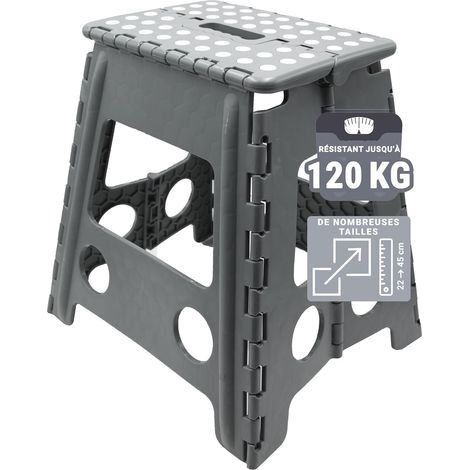 Tabouret-Pliable - Tabouret-Pliant pour Enfants et Adultes jusqu'à 120 kg - Revêtement-antidérapant - Poignée-de-Transport - Ultra-léger - Hauteur-39 cm - Plastique - Gris (1/4)