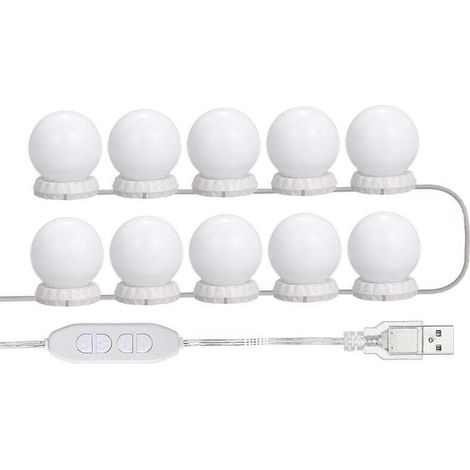 Kit D'Eclairage Miroir Led Pour Coiffeuse, Avec 10 Ampoules Reglables, 10 Luminosite Et 3 Modes D'Eclairage, Type Usb, Blanc - Blanc- (1/5)