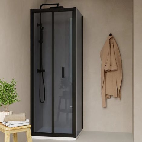 Cabine de douche 70x80 cm avec ouverture à livre et paroi fixe en verre fumé 6 mm profilés noir mat h185 Tonga (1/4)