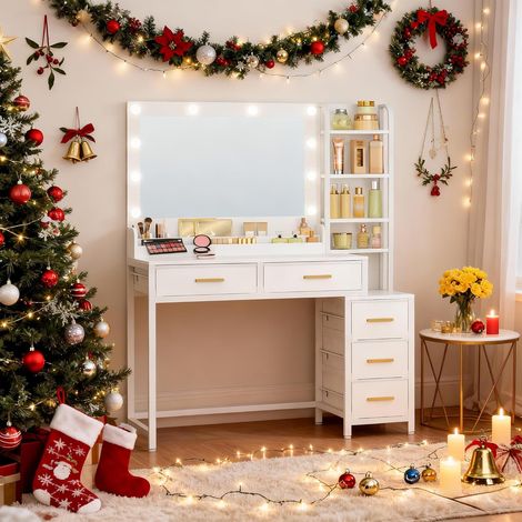 Coiffeuse avec Miroir, LED,5 Tiroirs et 5 Compartiments Ouverts (1/5)