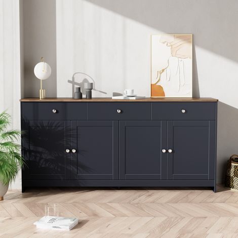 Buffet Bas de Salon Gris Anthracite et Bois 160cm - Enfilade de Salle à Manger Style Campagne Chic avec 4 Portes, 3 Tiroirs et Étagères Réglables - Dim: 160x37x75cm (1/4)