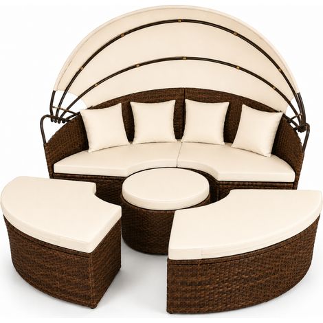 Isola Prendisole Modulare In Polyrattan Con Tettuccio Parasole Pieghevole Arredo Da Esterno Set Con Tavolino Integrato E 4 Cuscini Per Giardino Terrazza 180 X 171 X 136 Cm Beige E Marrone (1/5)