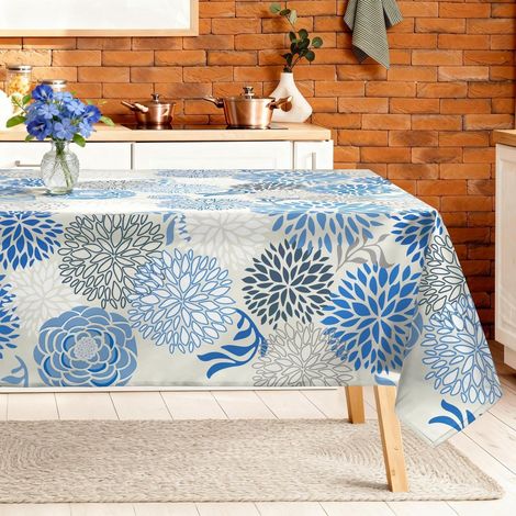 Blumen Tischdecke Rechteckig 140x180 cm Blau Grau Polyester Pflegeleicht