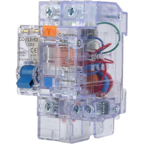 Disjoncteur différentiel DZ47LE63 1P+N C63 63A, protection fuite de terre, transparent, usage domestique, interrupteur automatique, disjoncteur modulaire 1 pôle neutre, sécurité habitation, coupure ra (1/5)