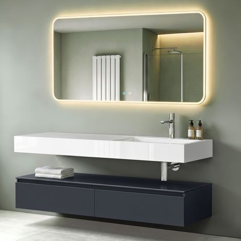 Mai & Mai Meuble de Salle de Bain Gris Noir Mat Ensemble de 3 Pièces Meuble avec Lavabo 150cm et LED Miroir Design Up avec 2 Grands Tiroirs