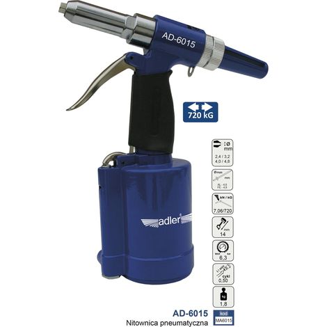 Adler Remachadora neumática AD-6015, herramienta profesional para fijaciones industriales y mecánicas, sistema de impacto neumático, diseño ergonómico, recubrimiento protector, color metálico.