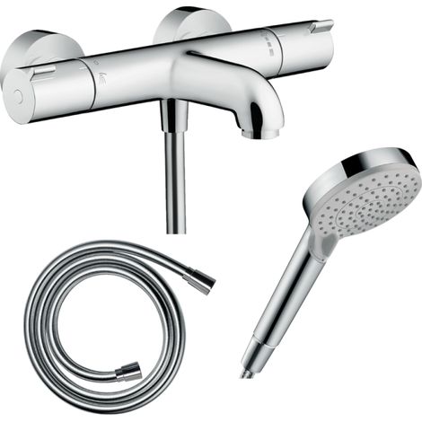 Pack mitigeur bain thermostatique HANSGROHE Ecostat 1001CL + Flexible Isiflex + Pommeau Vernis Blend 100 EcoSmart 2jets chromé