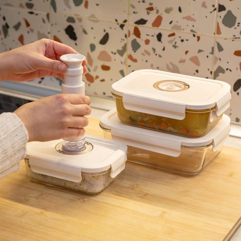 Lot de 3 boîtes alimentaires sous vide en verre – Pompe manuelle + dateur intégré – Dimensions : 17x12,5 cm, 19,7x14,7 cm, 22x16,5 cm – Compactor (1/5)