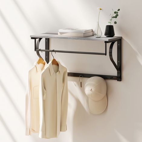 Perchero de pared con ganchos, 5 ganchos, estante superior, versátil, gris.