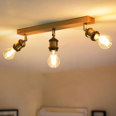 Plafonnier LED 3 Spots Orientables Pivotants, Spots de Plafond E27 Bois, Vintage Luminaire Intérieur Plafonnier, Sans Ampoule (1/5)