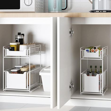 Rangement sous évier à 2 Niveaux, Rangements Evier Niveaux Organisateur Coulissant, de Cuisine avec Tiroirs Coulissants, Panier Coulissant en métal-2PC Blanc-2pc -'Blanc-2pc'Blanc-2pc'-