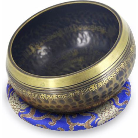 Coussin de Méditation Rond 18cm en Soie Brodée, Support pour Bol Tibétain Chantant (Bleu) (1/5)