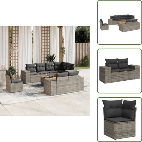 The Living Store Salon de jardin 9 pcs avec coussins gris résine tressée - Ensemble Salon De Jardin - Mobilier Extérieur - Canapé Jardin - Table Basse Jardin - Chaise Lounge