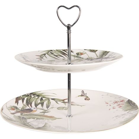 Étagère à Gâteau 2 Niveaux en Porcelaine Présentoir sur Pied Motif Oiseaux Blanc Vert 26x24 cm - PANGIVO (1/3)