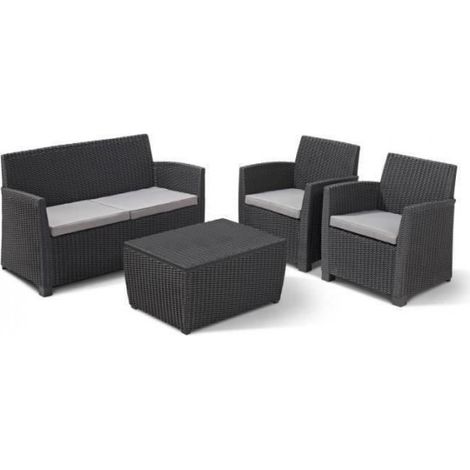 Allibert – Salon de jardin en résine tressée – 4 places – Banquette 2 places, 2 fauteuils, table basse avec coffre – Résistant aux intempéries – Gris graphite (1/5)