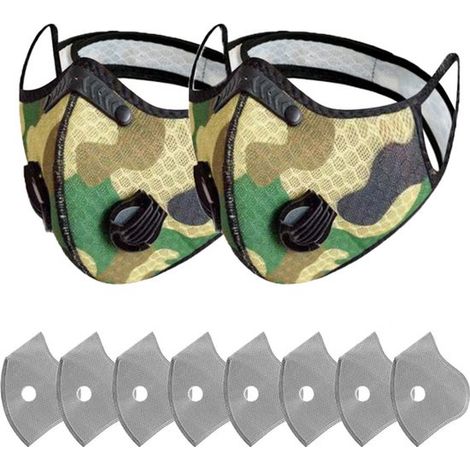 Masque respiratoire réutilisable 2 pièces - Avec filtres à charbon actif contre la poussière et la pollution - Idéal pour le travail du bois et la tonte de pelouse - vert camouflage (1/4)