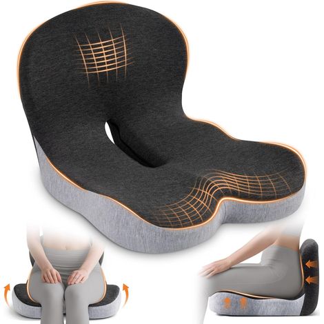 Coussin d'assise ergonomique en forme de L pour chaise de bureau, en mousse à mémoire de forme, idéal pour les personnes travaillant assises de longues heures (Noir et gris) (1/5)