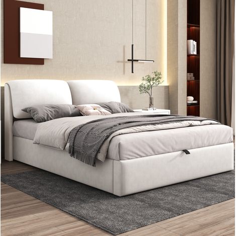 Lit tapissé en velours beige 140x190 cm avec coffre hydraulique, 3 tiroirs et tête de lit (1/5)