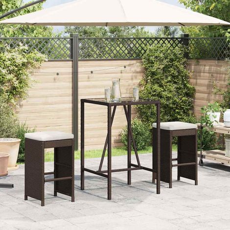 Lot de 2 Tabourets de Bar de Jardin en Résine Tressée avec Coussins Marron et Blanc Crème - PANGIVO (1/5)