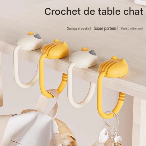 Crochet de bureau en forme de chat amovible pour sac à dos, crochet de table pour sac, lot de 2 couleurs crème et jaune (1/4)