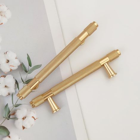 JSSEVN - Set of 2 Modern Gold Cabinet Handles, 96mm Hole Spacing, Kitchen Door Handles, Vintage Style (Gold Yellow) (1/4)