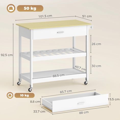 Desserte de cuisine à roulettes, îlot central cuisine avec plan de travail, tiroir, étagères, porte-serviettes, blanc (1/5)