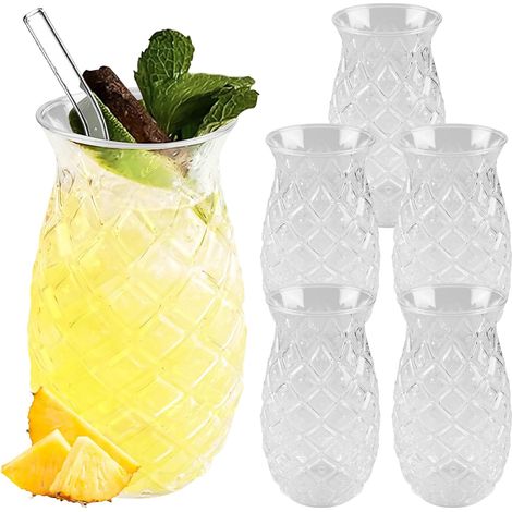 Lot de 6 Verres à cocktail,400 ml,Motif ananas en relief,Verre transparent,Long drink,Jus,Fête,Été,Maison