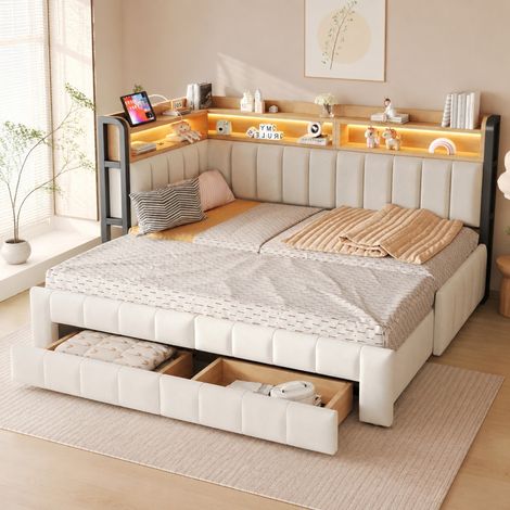 Canapé-lit 90 x 200 cm extensible avec LED, rangements, USB Type-C, beige DESVIAE (1/5)