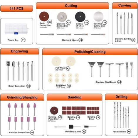 141Pcs Accessoires pour Outils Rotatifs avec 3mm Mandrin/Universels Découpage/Polissage/Perçage/Meulage/Gravure Accessoires d'mini Meuleuse & mini Perceuse pour Bricolage Artisanat (1/3)