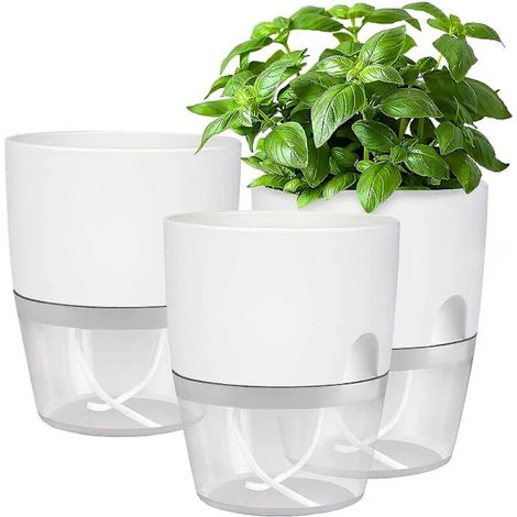 Selbstbewässernder Blumentopf, 3er-Set Kunststofftöpfe mit Wasserstandsanzeige für die Küchenfensterbank, für frische Kräuter, weiß, 18,2 x 11 x 15,3 cm (1/5)