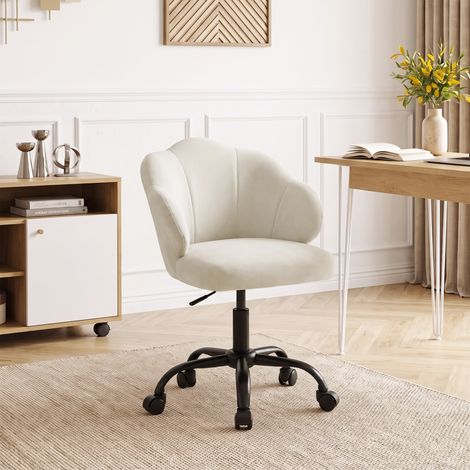 Chaise Bureau en Velours, Chaise Coiffeuse avec Dossier en Pétale, Hauteur Réglable, Fonction Bascule, Crème (1/5)