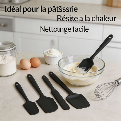 Kit de 4 spatules de cuisine en silicone de tailles variées, monobloc pour mélanger racler et décorer, ustensile polyvalent pour pâtisserie, noir (1/5)