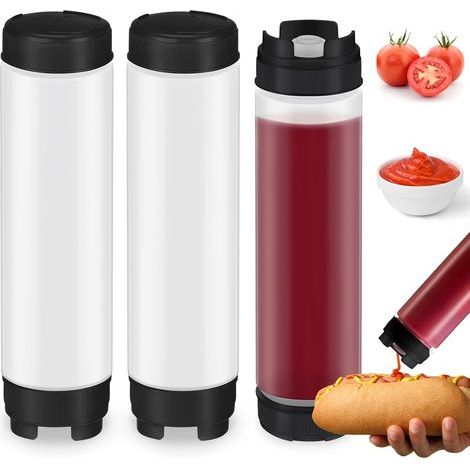 Paquete de 3 botellas de plástico exprimibles con boquilla rellenable, 473 ml, dispensador de válvula grande para especias, salsas, kétchup, crema agria, jarabe, autosellantes (negras) (1/4)