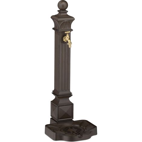 Relaxdays Fontana da Giardino in Stile Antico, Fontanella a Colonna con Rubinetto e Vaschetta, HLP: 82x29x33 cm, Marrone (1/5)