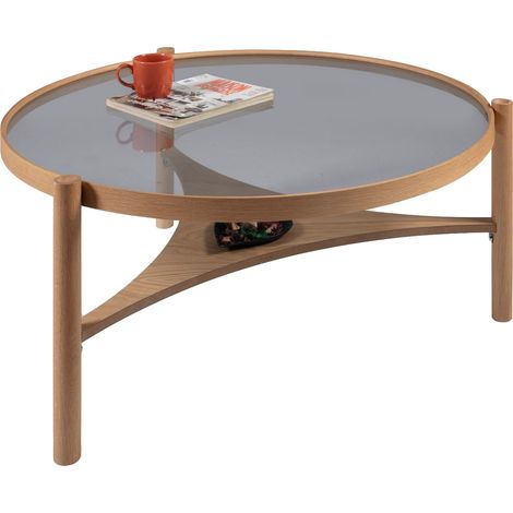 Mesa de Centro Canterano, un compartimento, cristal templado, forma redonda, 100x100x46h cm, roble marrón